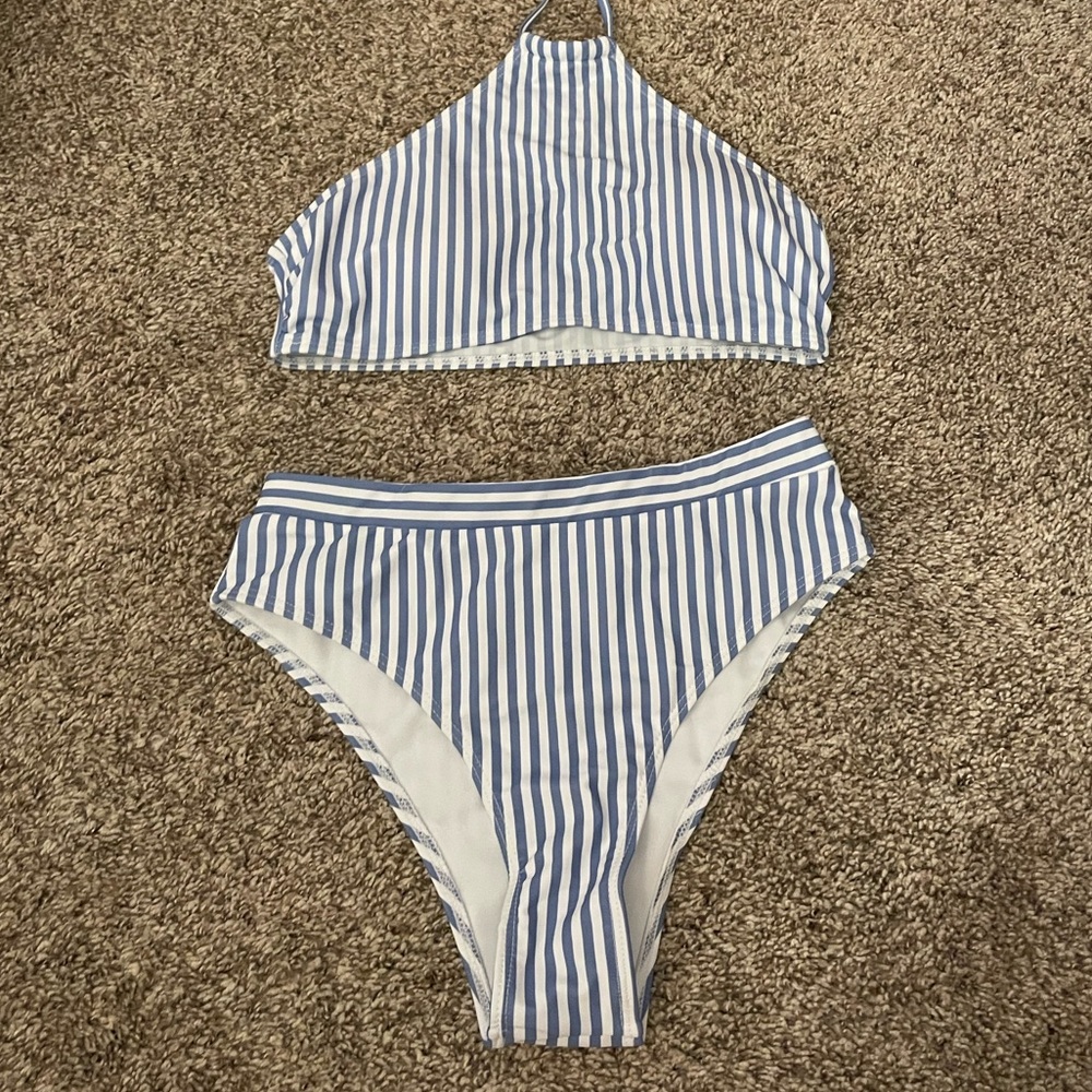Blue and White Stripped Pink Lily Bikini